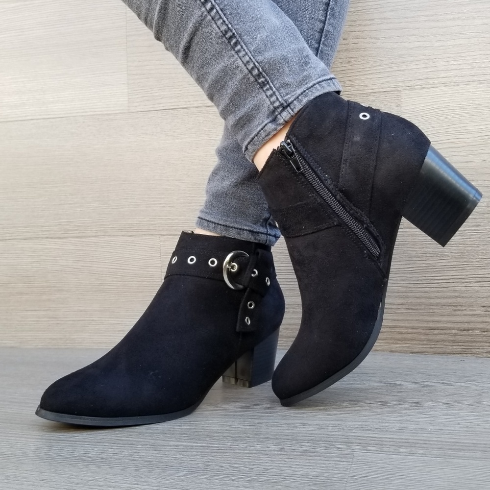 Black Vegan Suede Ankle Booties with Silver accent - Picture 7 of 8
